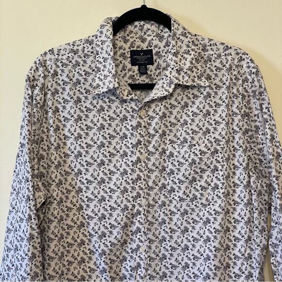 AEO L white purple floral casual button down t-shirt long sleeve summer classic - Picture 2 of 8